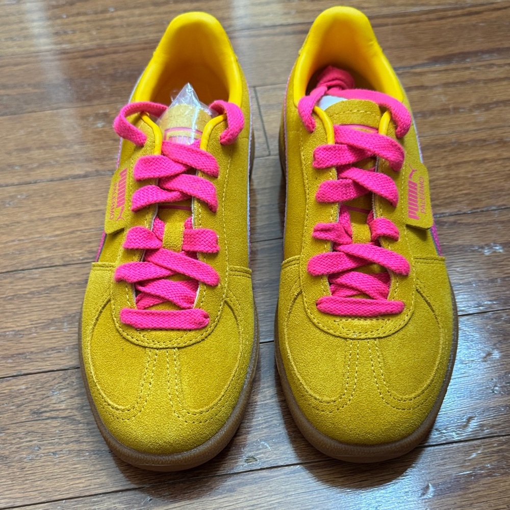 Bright Yellow Suede Sneakers with Pink Laces - Women